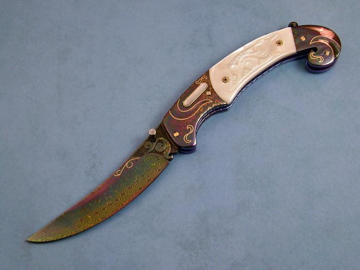 Custom Folding-Bolster, Liner Lock, Rainbow Anodized Damascus, Carved Mother Of Pearl Knife made by Shaun/Sharla Hansen