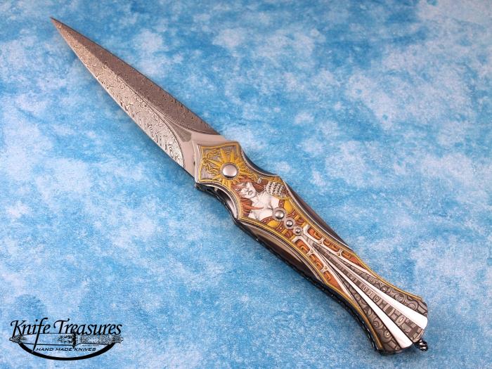 Custom Folding-Inter-Frame, Liner Lock, Raindrop Pattern Damascus, 416 Stainless Steel Knife made by Matthew Lerch
