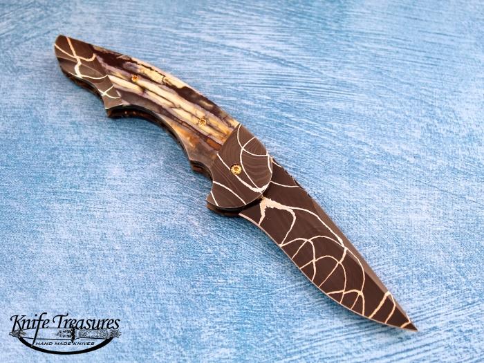 Custom Folding-Bolster, Liner Lock, Robert Eggerling Damascus, Fossilized Mammoth Tooth Knife made by Stan Wilson