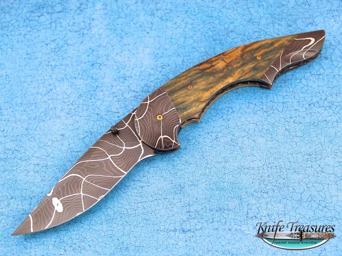 Custom Folding-Bolster, Liner Lock, Robert Eggerling Damascus, Fossilized Mammoth Knife made by Stan Wilson