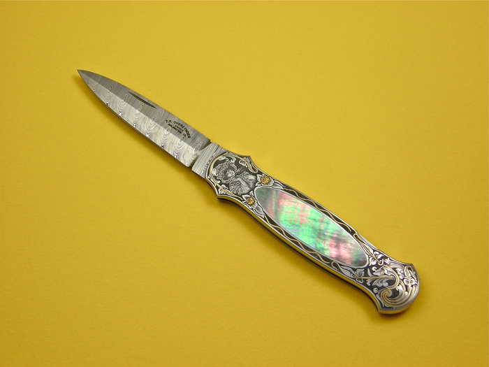 Custom Folding-Inter-Frame, Lock Back, Damascus Steel, Black Lip Pearl Knife made by Tom Overeynder