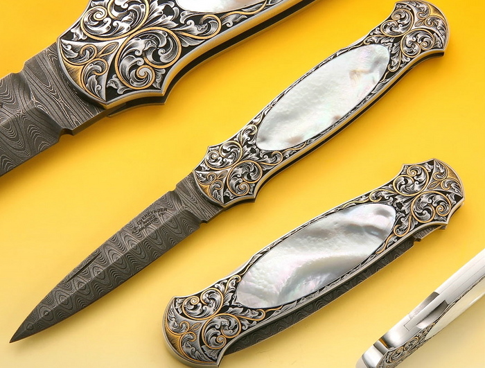 Custom Folding-Inter-Frame, Lock Back, Damascus Steel, Mother Of Pearl Knife made by Tom Overeynder