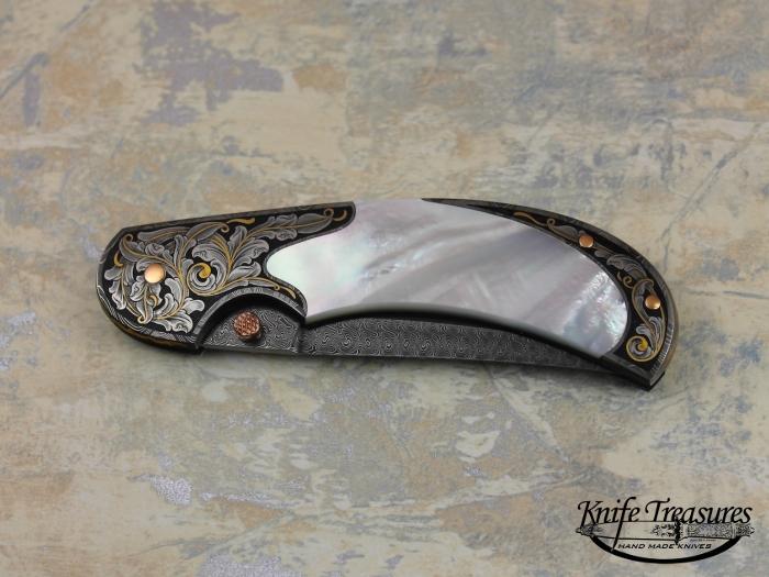 Custom Folding-Bolster, Lock Back, Jerry Rados Turkish Twist Damascus, Mother Of Pearl Knife made by Tom Overeynder