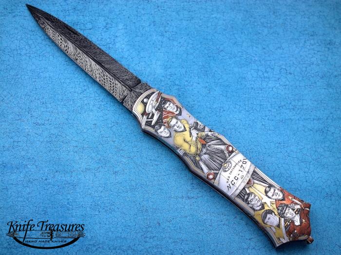 Custom Folding-Inter-Frame, Lock Back, Feather Pattern Damascus, 416 Stainless Steel Knife made by Tom Overeynder