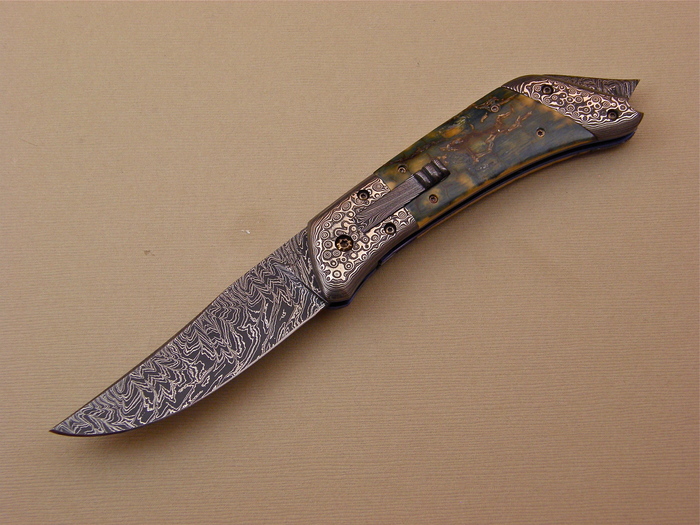 Custom Folding-Bolster, Liner Lock, Damascus Steel, Fossilized Mammoth Knife made by Don  Hanson III