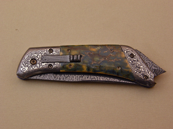 Custom Folding-Bolster, Liner Lock, Damascus Steel, Fossilized Mammoth Knife made by Don  Hanson III