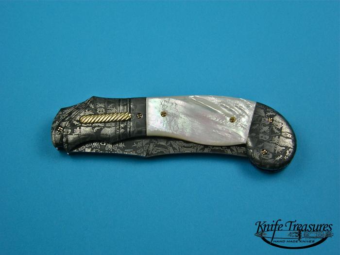 Custom Folding-Bolster, Liner Lock, Damascus Steel by Maker, Mother Of Pearl Knife made by Don  Hanson III