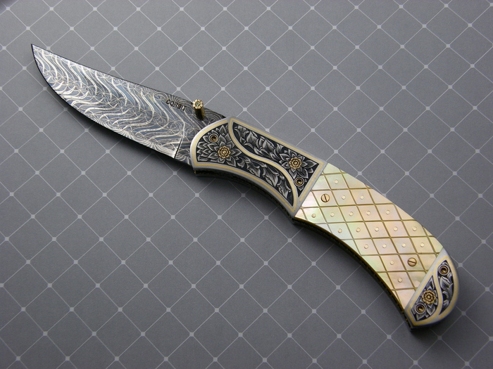 Custom Folding-Bolster, Liner Lock, Blued Damascus Steel, Checkered Gold Lip Pearl w/Gold Pins Knife made by Jerry Corbit