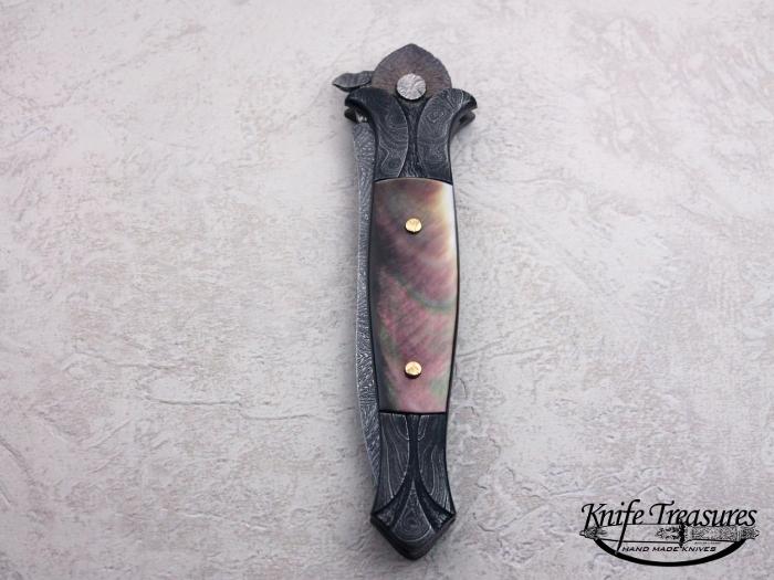 Custom Folding-Bolster, Liner Lock, Carved Tom Ferry Mosaic damascus, Black Lip Pearl Knife made by David Broadwell