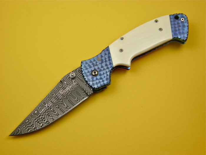 Custom Folding-Bolster, Liner Lock, Devin Thomas Spirograph Damascus, Fosilized Mammoth Knife made by Pat & Wes Crawford