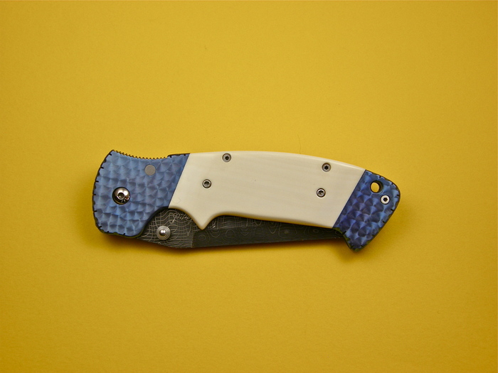 Custom Folding-Bolster, Liner Lock, Devin Thomas Spirograph Damascus, Fosilized Mammoth Knife made by Pat & Wes Crawford