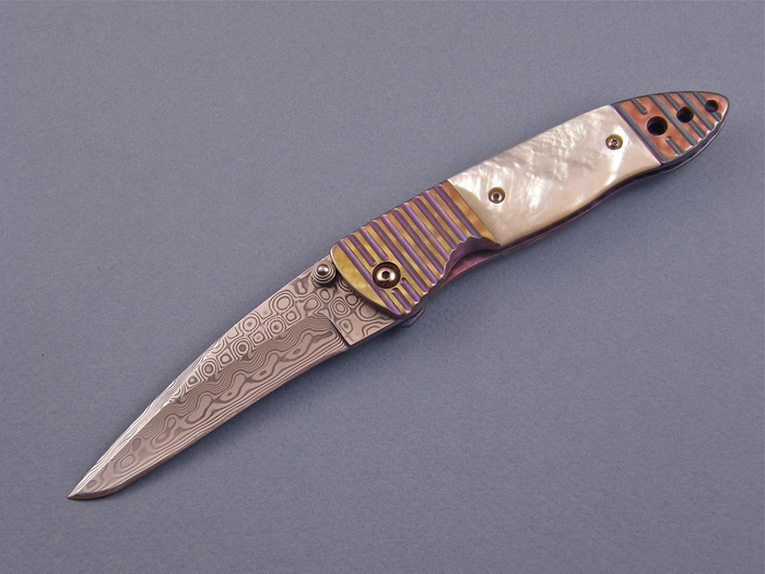 Custom Folding-Bolster, Liner Lock, Damascus Steel, Mother Of Pearl Knife made by Pat & Wes Crawford