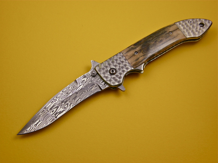 Custom Folding-Bolster, Liner Lock, Damascus Steel, Fossilized Mammoth Knife made by Pat & Wes Crawford
