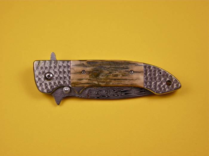 Custom Folding-Bolster, Liner Lock, Damascus Steel, Fossilized Mammoth Knife made by Pat & Wes Crawford