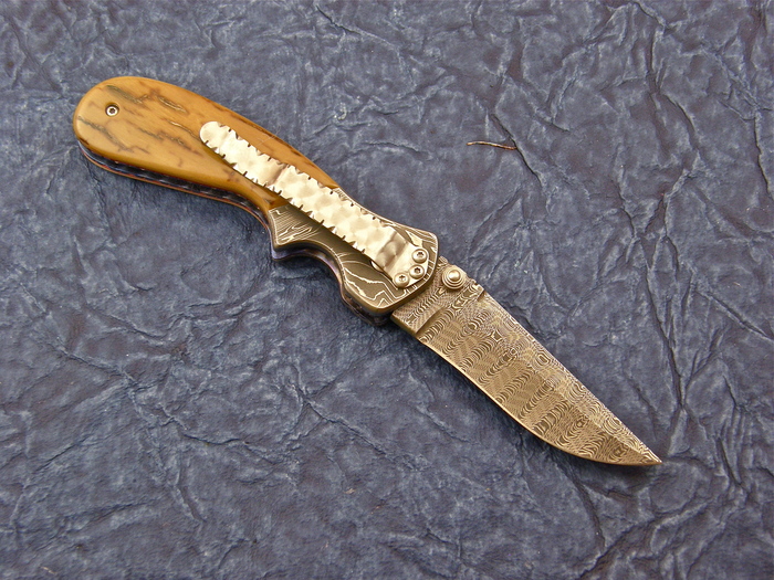 Custom Folding-Bolster, Liner Lock, Damascus Steel, Mammoth Ivory Knife made by Pat & Wes Crawford