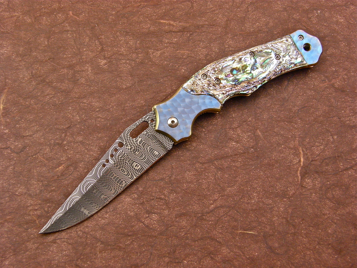 Custom Folding-Bolster, Liner Lock, Damascus Steel, Abalone Knife made by Pat & Wes Crawford
