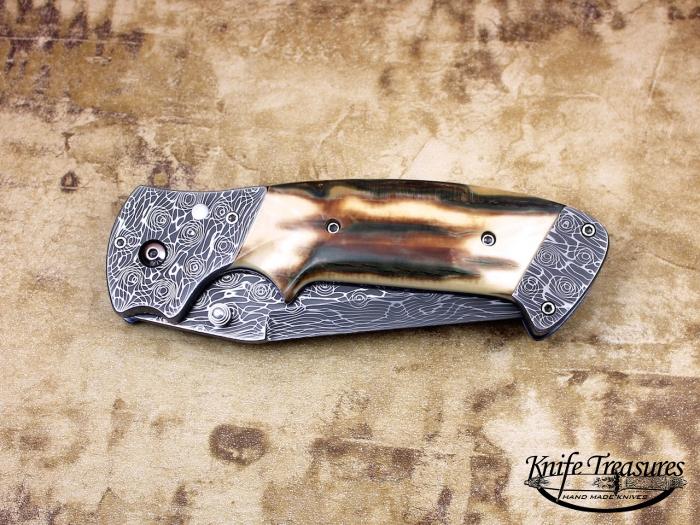 Custom Folding-Bolster, Liner Lock, Vines & Rose Damascus, Fossilized Mammoth Knife made by Pat & Wes Crawford