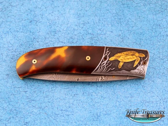 Custom Folding-Bolster, Liner Lock, Stainless Damascus, Antique Amber Knife made by Bill  Pease