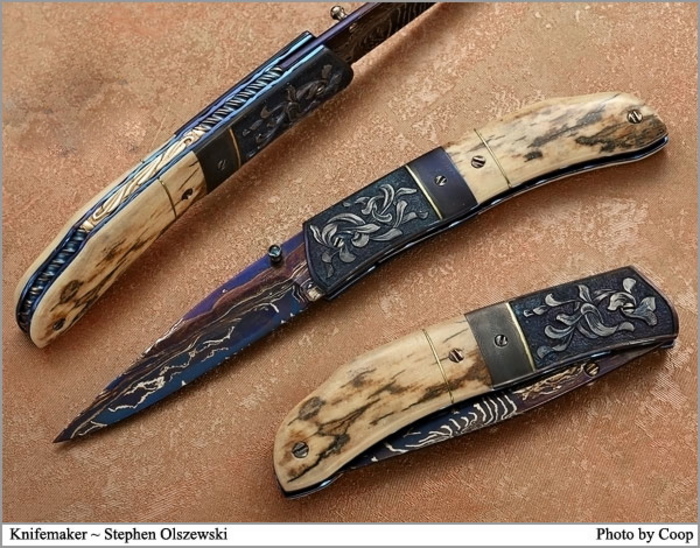 Custom Folding-Bolster, Liner Lock, Blued Damascus Steel, Mammoth Ivory Knife made by Stephen Olszewski