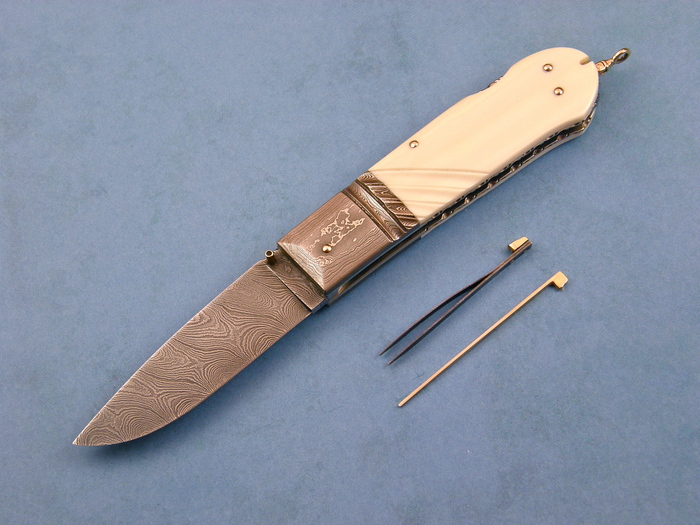 Custom Folding-Bolster, Lock Back, Damascus Steel by Maker, Fosilized Mammoth Knife made by Barry Davis