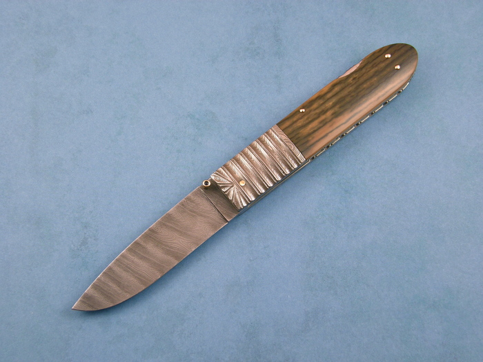 Custom Folding-Bolster, Lock Back, Damascus Steel by Maker, Fossilized Mammoth Knife made by Barry Davis