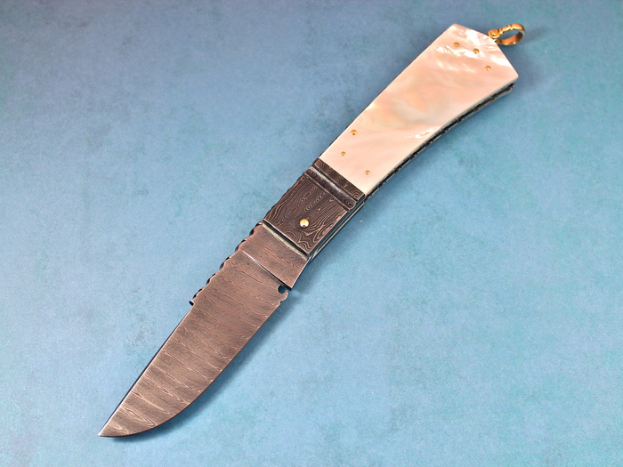 Custom Folding-Bolster, Tail Lock, Damascus Steel by Maker, Mother Of Pearl Knife made by Barry Davis
