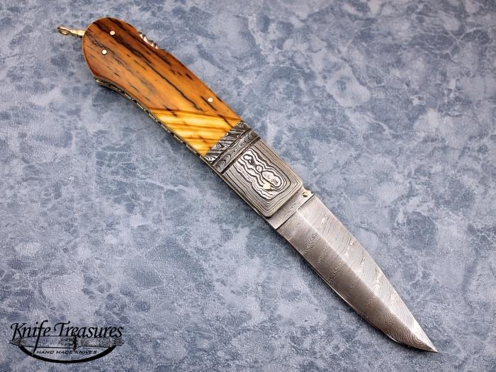 Custom Folding-Bolster, Lock Back, Twist Pattern Damascus by Maker, Fossilized Mammoth Knife made by Barry Davis