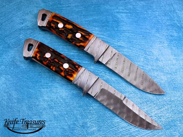 Custom Fixed Blade, N/A, Stainless Damascus Steel, Amber Stag Knife made by Dietmar Kressler