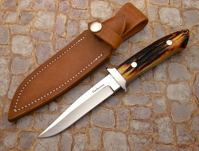 Custom Fixed Blade, N/A, ATS-34 Steel, Amber Stag Knife made by Thad Buchanan