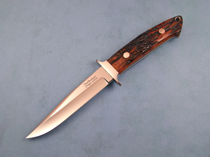 Custom Fixed Blade, N/A, ATS-34 Stainless Steel, Amber Stag Knife made by Thad Buchanan