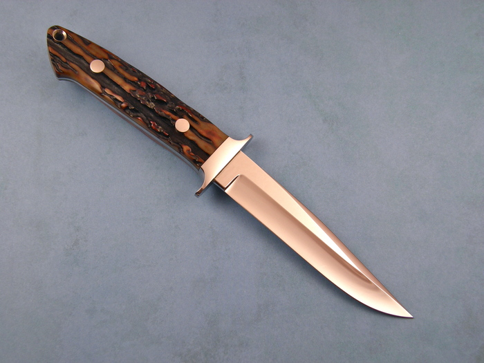 Custom Fixed Blade, N/A, ATS-34 Stainless Steel, Amber Stag Knife made by Thad Buchanan