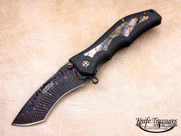 Custom Folding-Inter-Frame, Liner Lock, Carved Radiant Chad Nichols Damascus Steel, Fossilized Mammoth Tooth Inlay Knife made by Darrel Ralph
