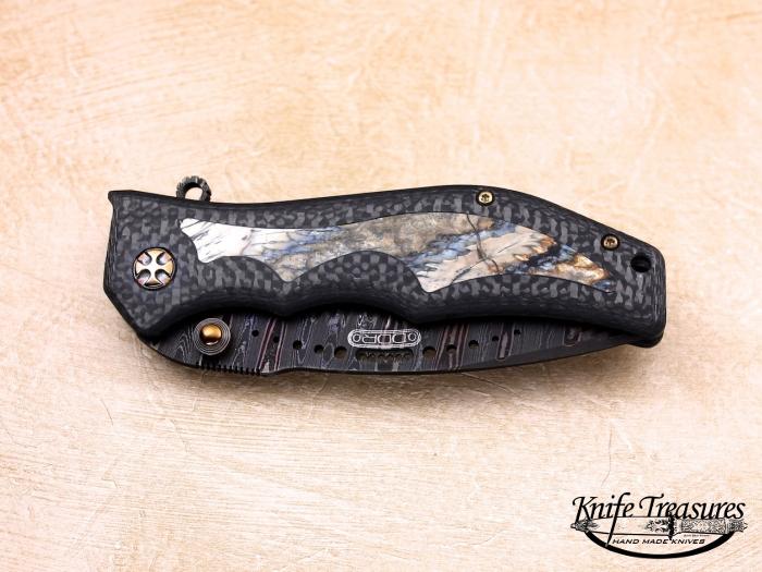 Custom Folding-Inter-Frame, Liner Lock, Carved Radiant Chad Nichols Damascus Steel, Fossilized Mammoth Tooth Inlay Knife made by Darrel Ralph