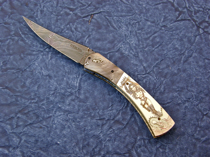Custom Folding-Bolster, Liner Lock, Damascus Steel, Fosilized Mammoth Knife made by J Etzler