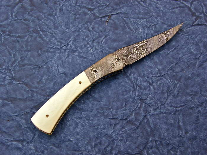 Custom Folding-Bolster, Liner Lock, Damascus Steel, Fosilized Mammoth Knife made by J Etzler