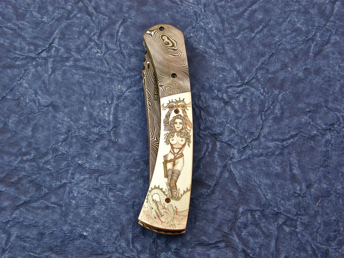 Custom Folding-Bolster, Liner Lock, Damascus Steel, Fosilized Mammoth Knife made by J Etzler