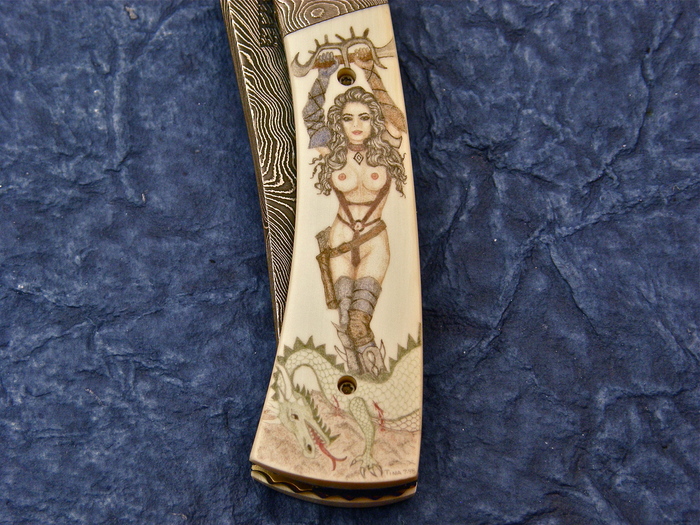 Custom Folding-Bolster, Liner Lock, Damascus Steel, Fosilized Mammoth Knife made by J Etzler