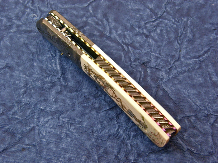Custom Folding-Bolster, Liner Lock, Damascus Steel, Fosilized Mammoth Knife made by J Etzler