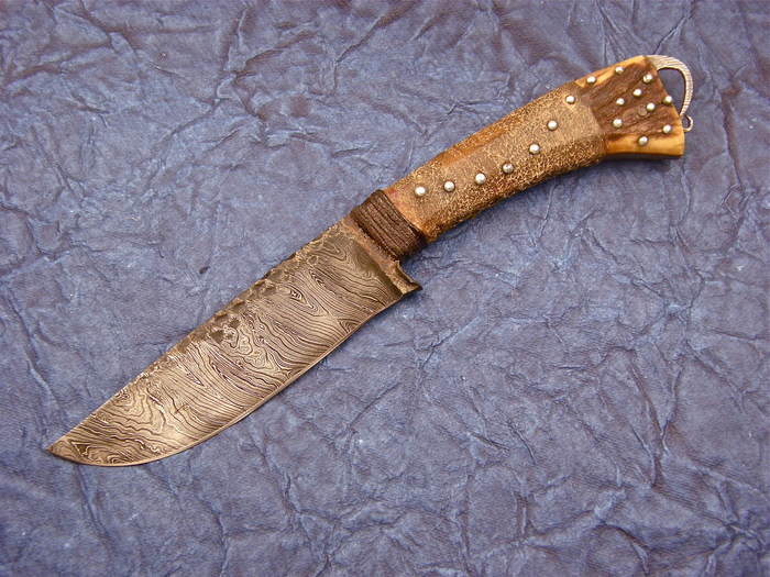 Custom Fixed Blade, N/A, Damascus Steel by Maker, Leather wrapped Elk Antler Stag Knife made by Daniel  Winkler