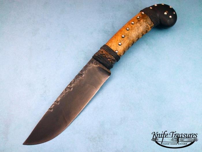 Custom Fixed Blade, N/A, Forged 1086 Carbon Steel, Curly Maple wrapped in rawhide with tacks Knife made by Daniel  Winkler