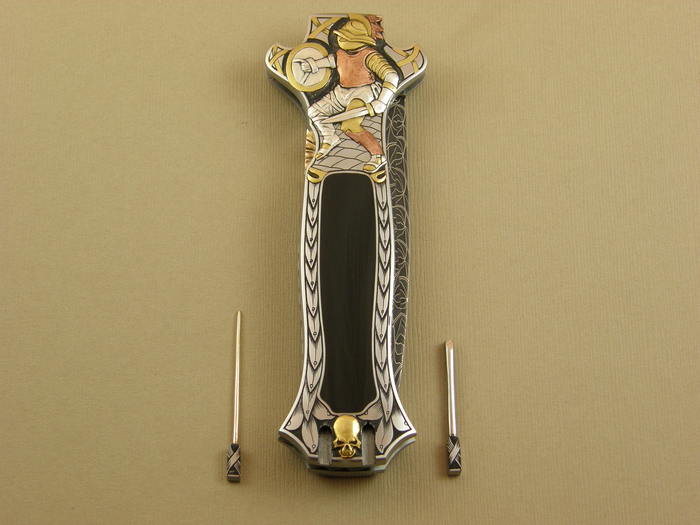Custom Folding-Inter-Frame, Lock Back, Damascus, Black Edward's Jade--Single Pocket Locket Knife made by Joe Kious