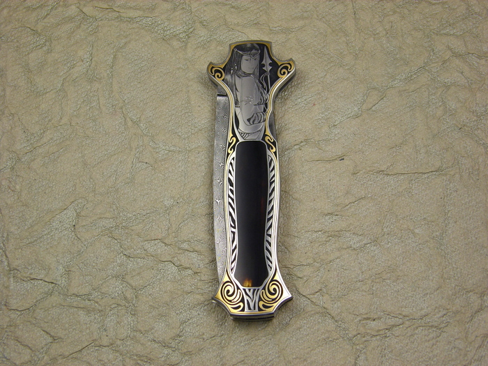Custom Folding-Inter-Frame, Lock Back, Jerry Rados Turkish Twist Damascus, Exotic Scales Knife made by Joe Kious
