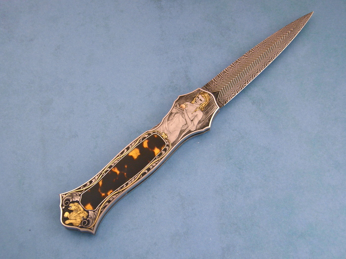 Custom Folding-Bolster, Lock Back, Owen Wood Chevron Damascus, Exotic Scales Knife made by Joe Kious