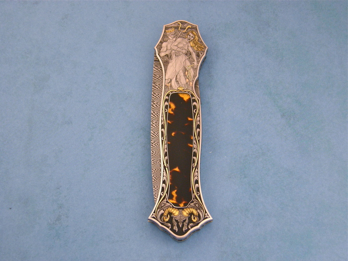 Custom Folding-Bolster, Lock Back, Owen Wood Chevron Damascus, Exotic Scales Knife made by Joe Kious