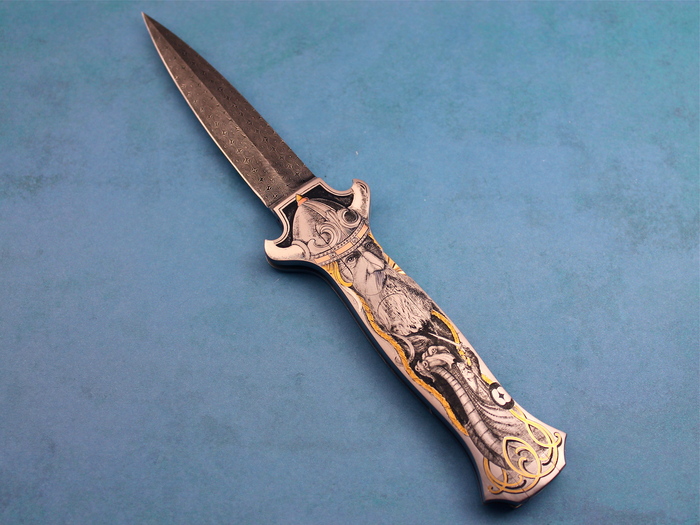 Custom Folding-Inter-Frame, Lock Back, Jerry Rados Turkish Twist Damascus, 416 Stainless Steel Knife made by Joe Kious