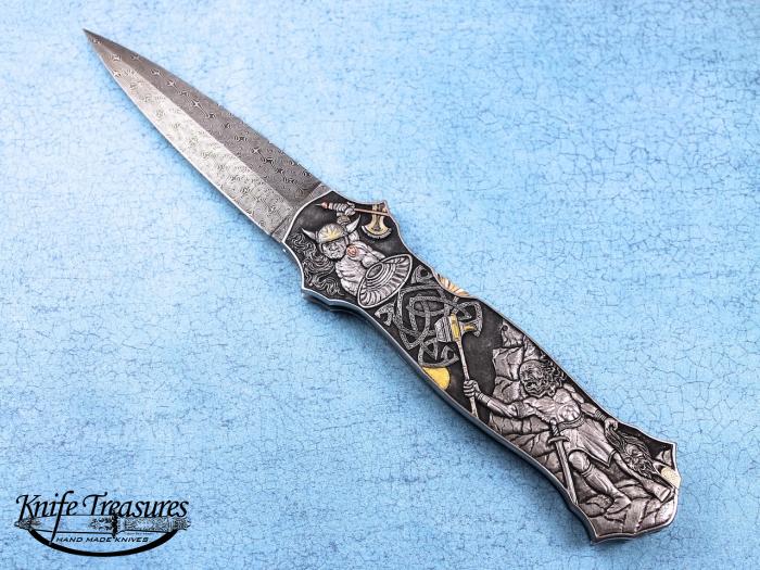 Custom Folding-Inter-Frame, Mid-Lock, Jerry Rados Turkish Damascus, 416 Stainless Steel Knife made by Joe Kious