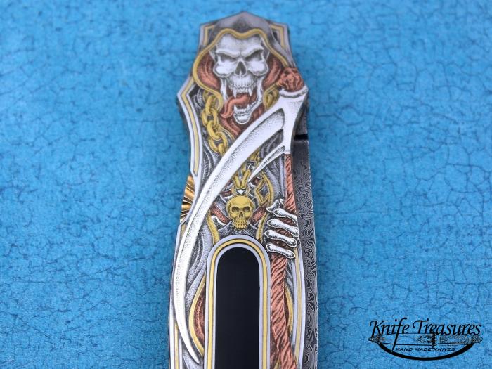 Custom Folding-Inter-Frame, Mid-Lock, Jerry Rados Turkish Damascus, Black Jade Knife made by Joe Kious