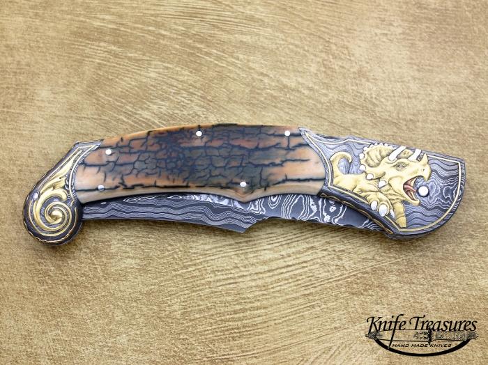 Custom Folding-Bolster, Mid-Lock, Mike Norris Stainless Damascus, Fossilized Mammoth Knife made by Joe Kious