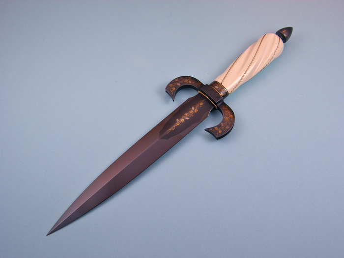 Custom Fixed Blade, N/A, Blued ATS- 34, Fluted/Gold wired Fossilized Ivory Knife made by Fred Carter