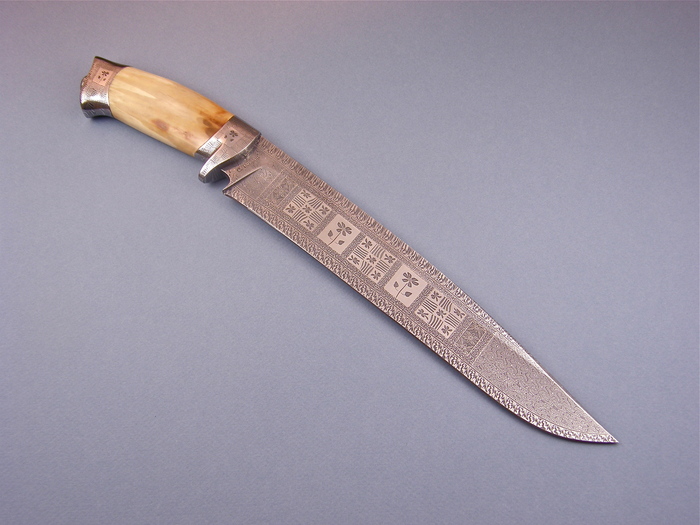 Custom Fixed Blade, N/A, Mosaic Damascus Steel by Maker, Walrus Ivory Knife made by Connie Person